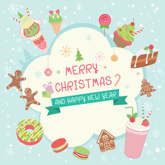 Merry christmas holiday of dessert sweet menu decoration with ornaments for poster or banner celebration  party template.Illustration vector pastel colors background.