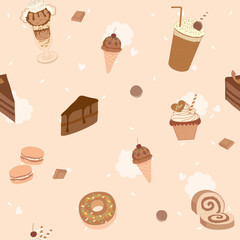 Chocolate flavour of sweet dessert menu into seamless pattern for restaurant and cafe shop.Brown pastel colors.Illustration vector.