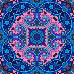 Detailed floral and paisley seamless pattern in pink and blue tones. Vector background. Beautiful bandana print. Lovely tablecloth.