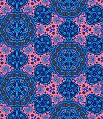 Ethnic seamless pattern with flowers and paisley in pink and blue tones - 3. Indian, arabic, moroccan motives.
