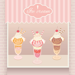 Illustration vector various ice cream menu display on shelf in showcase of pink cafe shop.