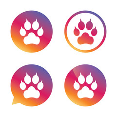 Fototapeta na wymiar Dog paw with clutches sign icon. Pets symbol.