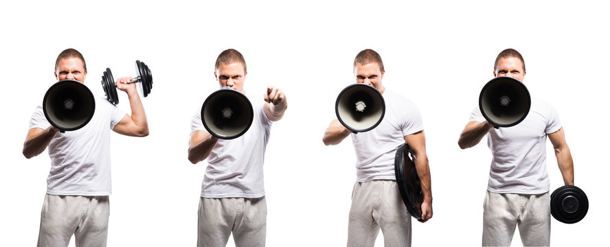 Set of sporty bodybuilder men with a megaphone