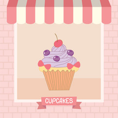 Cupcakes cafe shop showcase decoration with awning and brick wall in pink and  pastel background colors.Illustration vector.