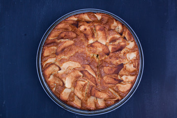 Homemade apple cake on a black wooden abckground