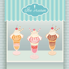 Illustration vector various ice cream menu display on shelf in showcase of cyan cafe shop.
