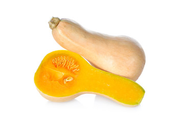 whole and half cut fresh squash butternut on white background
