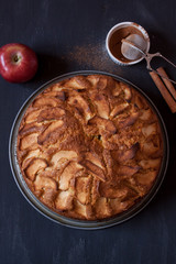 Homemade apple cake on a black wooden background