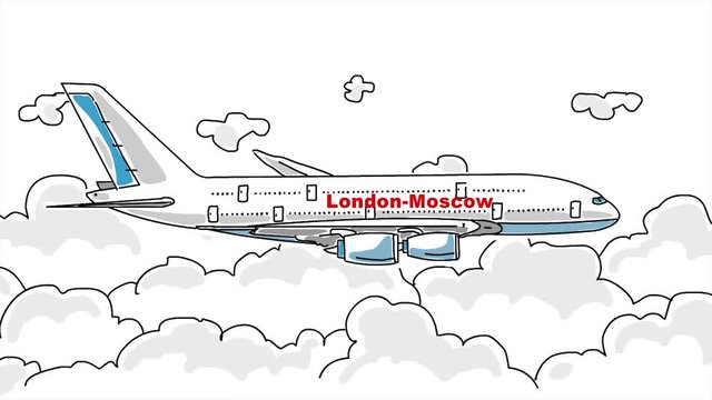 A passenger plane flying in the clouds. A passenger plane flying in the clouds. Painted 2D animation. Plane London - Moscow. aircraft movement from left to right. The movement of the clouds, right.