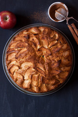 Homemade apple cake on a black wooden background
