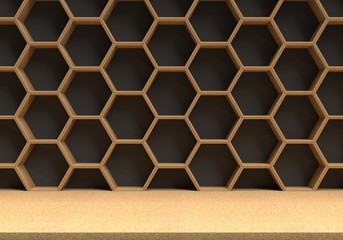 Wood table with wood hexagons background
