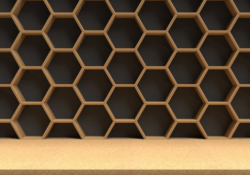 Wood table with wood hexagons background
