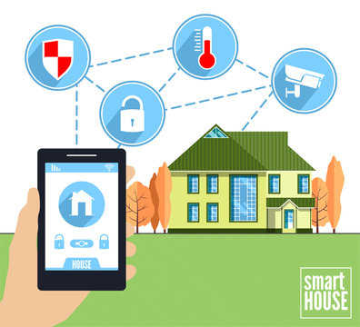 Smart home vector concept. Hand holding smart phone with house control application. Illustration of intrnet of things, elements and icons in flat style.