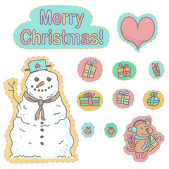 Colorful set of Christmas stickers with snowman, gifts, decorations and dog. Funny, cute collection of winter labels.