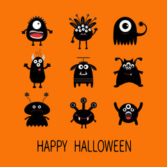 Happy Halloween card. Black monster big set. Cute cartoon scary silhouette character. Baby collection. Orange background. Isolated. Flat design.
