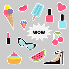 Quirky cartoon sticker patch badge set. Fashion pin. Lipstick, heart, wow text, cupcake, diamond, shoes, ice cream, watermelon, lips, cherry, sunglasses, nail polish. White line contour on gray. Flat