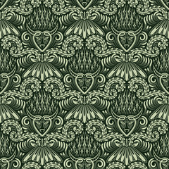 Damask seamless pattern repeating background. Green floral ornament in baroque style. Antique repeatable wallpaper