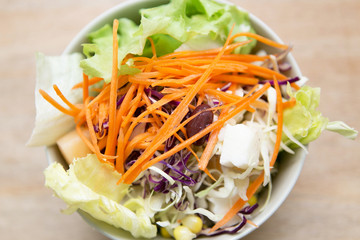 Salad baked organic food and fresh vegetable, Top view