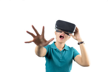 Young woman watching though the VR device isolated on white back