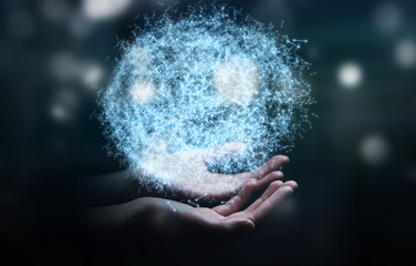 Businessman holding 3D rendering data network sphere in his hand