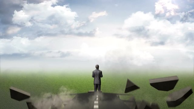 Break the concrete wall. Businessman choose separate ways. cloud sky.