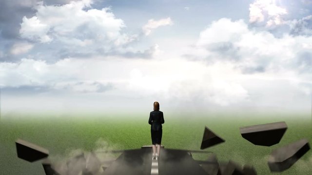 Break the concrete wall. Businesswoman choose separate ways. cloud sky.