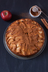 Homemade apple cake on a black wooden background