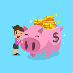 Cartoon businesswoman and pink piggy bank