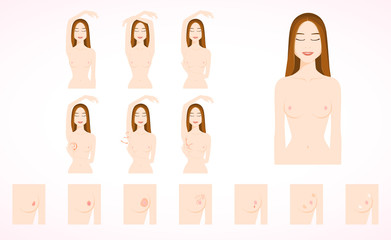 Breast cancer monthly examination icon,recommend self exam instruction.Chest oncology tumor symptoms.Cute flat cartoon style for medical flyers, brochures.Woman check breast cancer.Hand drawn vector
