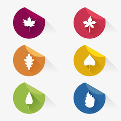 Autumn set of leaves stickers with long shadows. Flat design, vector illustration.