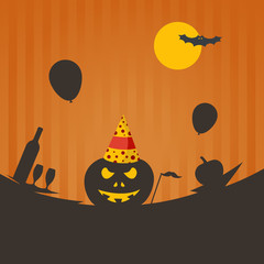 Halloween Party Background, with pumpkin and party items, vector flat illustration.