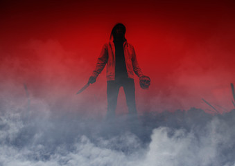 Release evil,Person with human skull in hand,Scary background for halloween and book cover ideas 