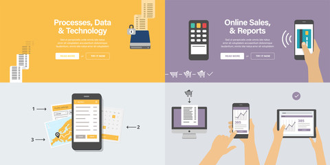 Data, Processes, Technology & Mobile payment. Website banners collection with flat design illustration.