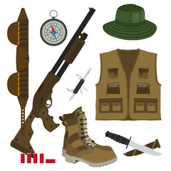 Hunter set in flat style. Camouflage hat, gun with shells, bandolier, knife, compass, army boots and hunter vest. Vector illustration.