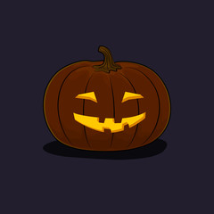 Carved Grinning Scary Halloween Pumpkin on Dark Background, a Jack-o-Lantern, Vector Illustration