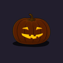 Carved Grinning Scary Halloween Pumpkin on Dark Background, a Jack-o-Lantern, Vector Illustration