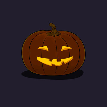 Carved Grinning Scary Halloween Pumpkin on Dark Background, a Jack-o-Lantern, Vector Illustration