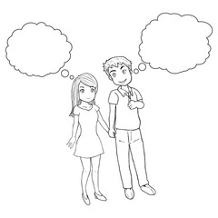 vector illustration of man and woman with empty balloon text line art for coloring book