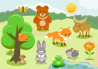 Naklejka premium Woodland Animals and Cute Forest Design Elements