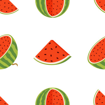 Pattern of juicy whole watermelons and slices in flat style.