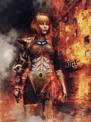 Dziewczyna robot idąca ulicą płonącego miasta © Obsidian Fantasy