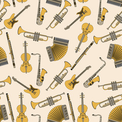 Fototapeta premium Seamless pattern with different music instruments.