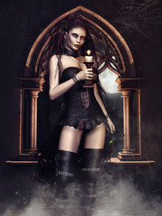 Kobieta wampir ze świecą na tle okna w starym zamku © Obsidian Fantasy