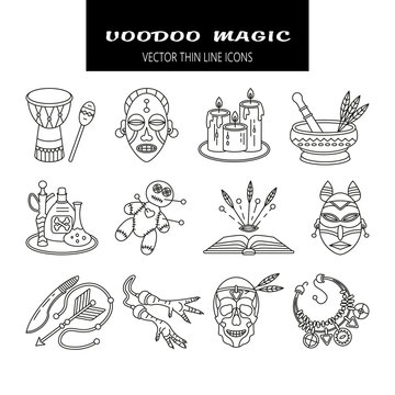 Voodoo African and American magic vector line icons.