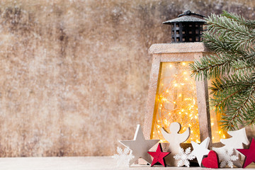 Lantern with christmas tree, Christmas decor. Greeting Card.