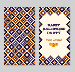 Halloween two sides invitation card, poster or flyer. Seamless set with bright geometric pattern and decorative frame.