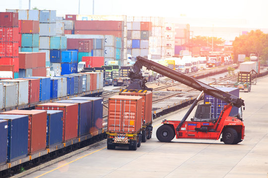 Cargo Containers In Shipping Yard For Transportation, Import,export, Logistic Industrial.