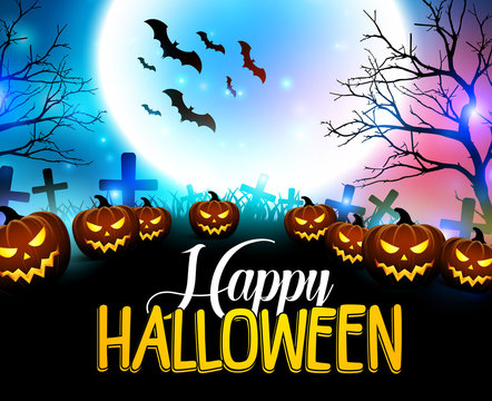 Happy halloween background with scary pumpkins in the graveyard with bats and moon light in the night. Vector illustration.
