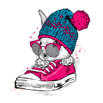 Cute rabbit with glasses and a hat with a bubo. Hare sitting in sneakers. Vector illustration for greeting card, poster, or print on clothes. Fashion & Style.