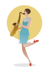 Flapper girl dressed in 1920s clothes, playing saxophone